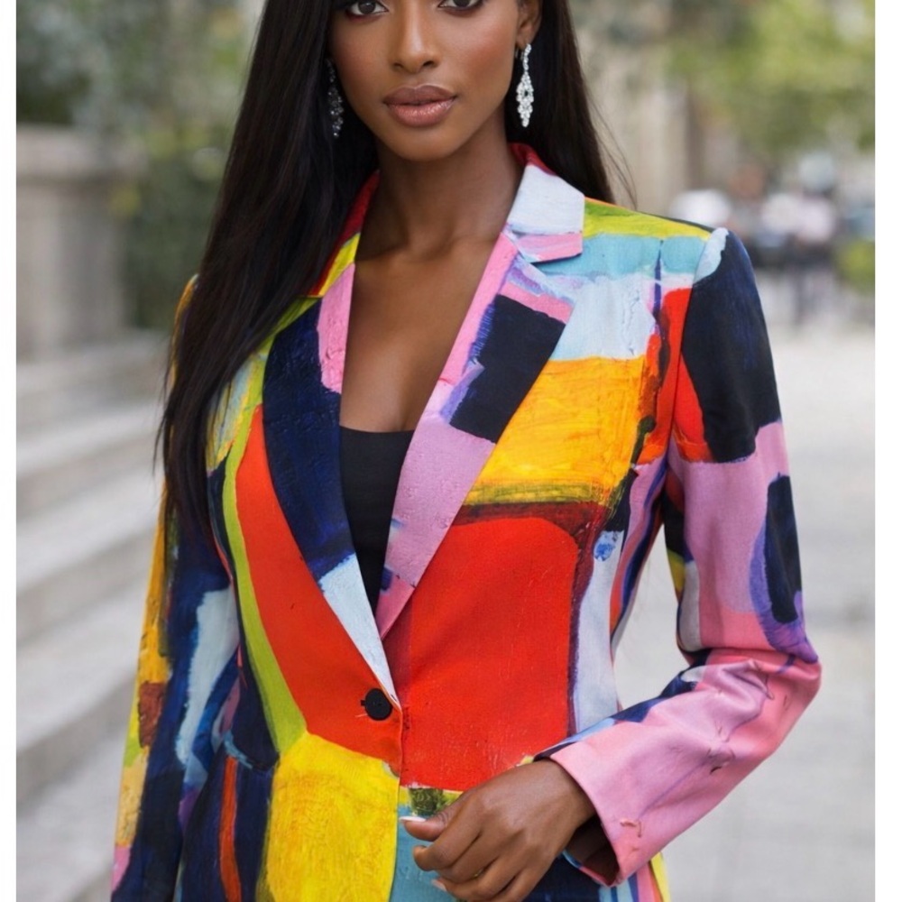 Colorblock Abstract Print Blazer - Multicolor - Picture 2 of 10